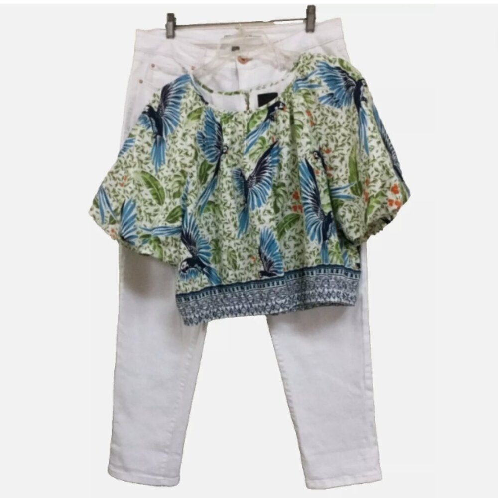 Alex Marie Women Size XL Puff Sleeve Boho Top Blouse Birds Under the Palms